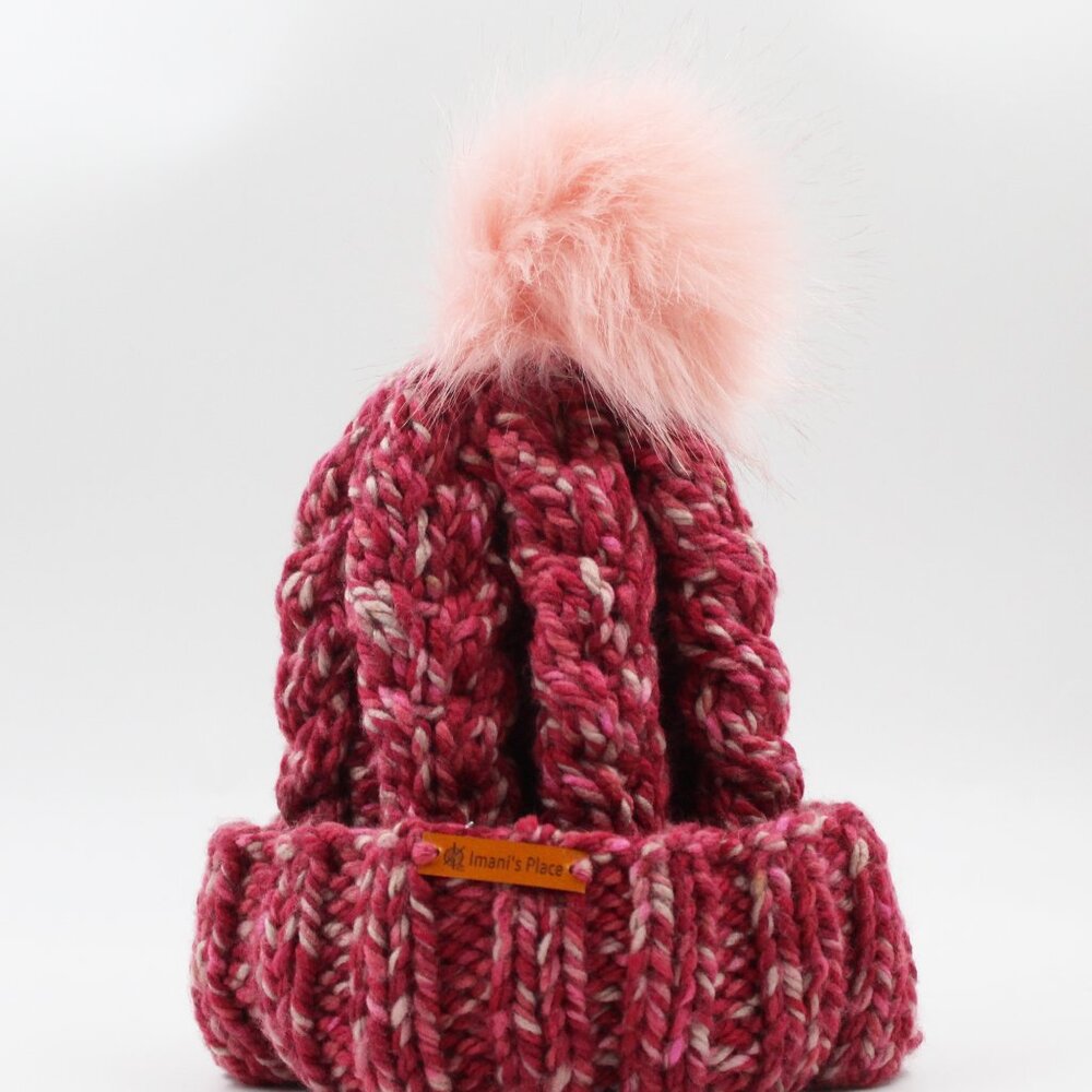 Handmade Hand Knit Chunky Cozy Cable Knit Burgundy Red Pink Acrylic Hat Pom Pom